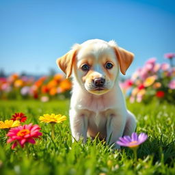 A cute little puppy with soft fur, bright eyes, and a playful demeanor, sitting in a sunlit garden filled with colorful flowers