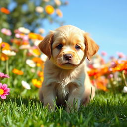 A cute little puppy with soft fur, bright eyes, and a playful demeanor, sitting in a sunlit garden filled with colorful flowers