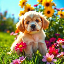 A cute little puppy with soft fur, bright eyes, and a playful demeanor, sitting in a sunlit garden filled with colorful flowers