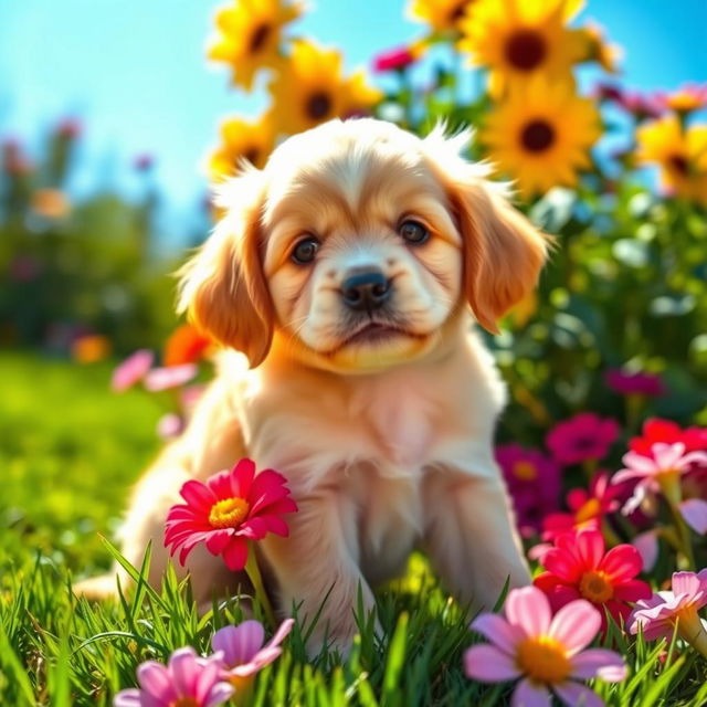 A cute little puppy with soft fur, bright eyes, and a playful demeanor, sitting in a sunlit garden filled with colorful flowers