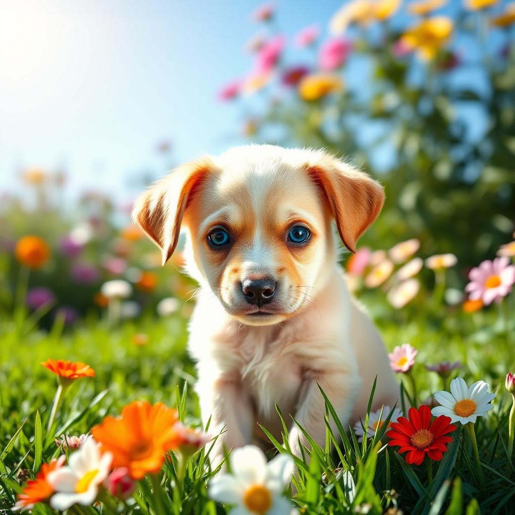 A cute little puppy with soft fur, bright eyes, and a playful demeanor, sitting in a sunlit garden filled with colorful flowers