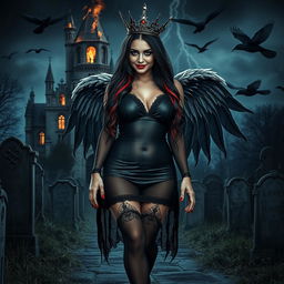 A mesmerizing photographic image of a sweet, innocent, curvy, sexy girl with very long black, red, and silver hair