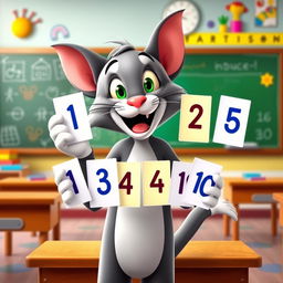 An animated character resembling Tom, a cheerful and friendly anthropomorphic cat, stands in a bright and colorful classroom setting