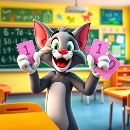 An animated character resembling Tom, a cheerful and friendly anthropomorphic cat, stands in a bright and colorful classroom setting