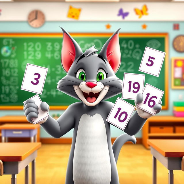 An animated character resembling Tom, a cheerful and friendly anthropomorphic cat, stands in a bright and colorful classroom setting