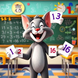 An animated character resembling Tom, a cheerful and friendly anthropomorphic cat, stands in a bright and colorful classroom setting