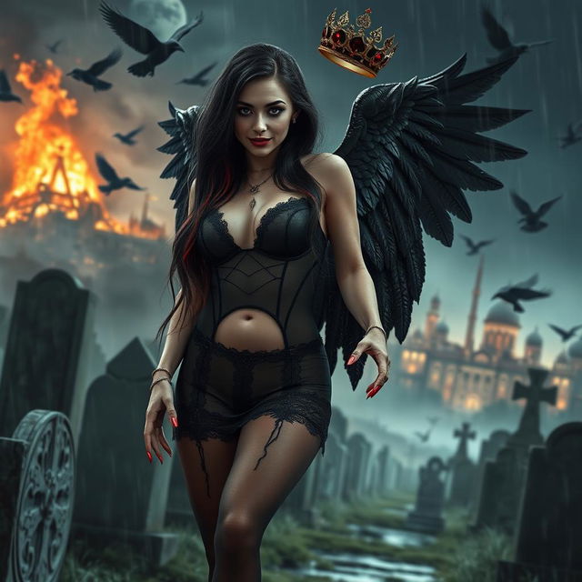 A stunning, attractive girl with very long black, red, and silver hair, possessing a sweet, soft face adorned with dark gothic makeup, is walking through a graveyard at night amidst a thunderstorm