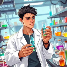 A young male scientist with light brown skin, short black hair, nostril piercing, and piercings in his ears
