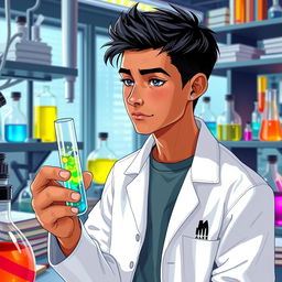 A young male scientist with light brown skin, short black hair, nostril piercing, and piercings in his ears