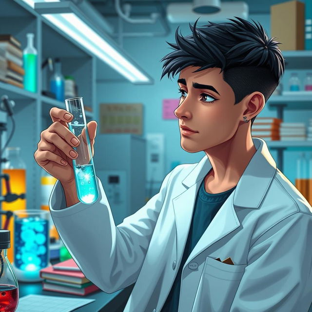 A young male scientist with light brown skin, short black hair, nostril piercing, and piercings in his ears