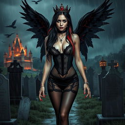 A stunning, attractive girl with very long black, red, and silver hair, possessing a sweet, soft face with dark gothic makeup, walks through a graveyard at night during a thunderstorm