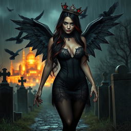 A stunning, attractive girl with very long black, red, and silver hair, possessing a sweet, soft face with dark gothic makeup, walks through a graveyard at night during a thunderstorm