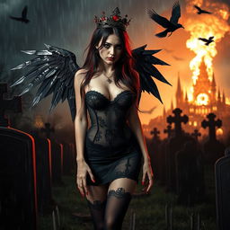 A stunning, attractive girl with very long black, red, and silver hair, possessing a sweet, soft face with dark gothic makeup, walks through a graveyard at night during a thunderstorm