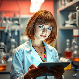 A female scientist with light brown skin, short copper hair, nostril piercing, and piercings in her ears