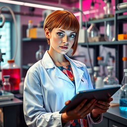 A female scientist with light brown skin, short copper hair, nostril piercing, and piercings in her ears