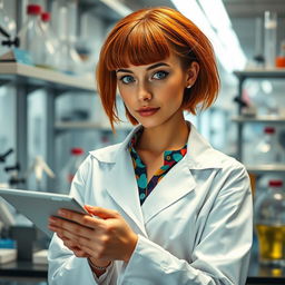 A female scientist with light brown skin, short copper hair, nostril piercing, and piercings in her ears