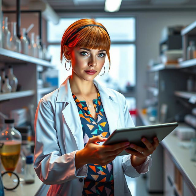 A female scientist with light brown skin, short copper hair, nostril piercing, and piercings in her ears