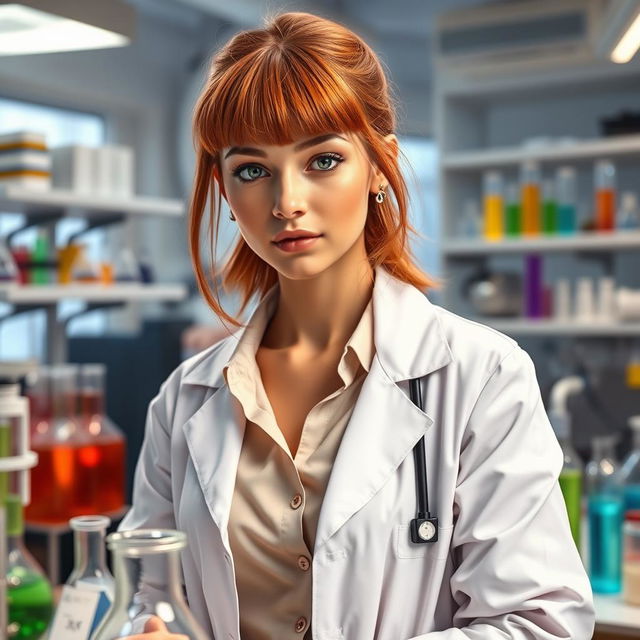 A female scientist with light brown skin, medium-length copper hair, nostril piercing, and piercings in her ears