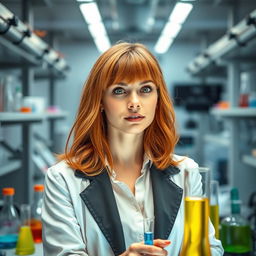 A female scientist with light brown skin, medium-length copper hair, nostril piercing, and piercings in her ears