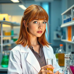 A female scientist with light brown skin, medium-length copper hair, nostril piercing, and piercings in her ears