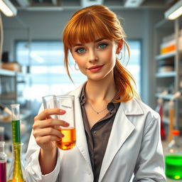 A female scientist with light brown skin, medium-length copper hair, nostril piercing, and piercings in her ears