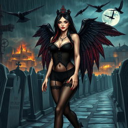 A captivating, attractive girl with very long black, red, and silver hair, possessing a sweet, soft face accented with dark gothic makeup, walks through a graveyard at night during a thunderstorm