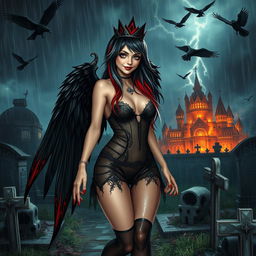 A captivating, attractive girl with very long black, red, and silver hair, possessing a sweet, soft face accented with dark gothic makeup, walks through a graveyard at night during a thunderstorm