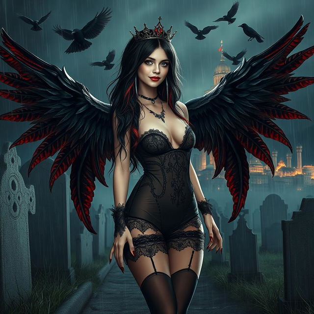 A captivating, attractive girl with very long black, red, and silver hair, possessing a sweet, soft face accented with dark gothic makeup, walks through a graveyard at night during a thunderstorm