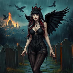 A captivating, attractive girl with very long black, red, and silver hair, possessing a sweet, soft face accented with dark gothic makeup, walks through a graveyard at night during a thunderstorm