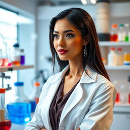 A female scientist with light brown skin, long black hair cut in a V shape, earrings adorning her ears
