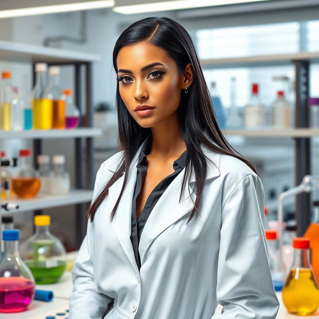 A female scientist with light brown skin, long black hair cut in a V shape, earrings adorning her ears