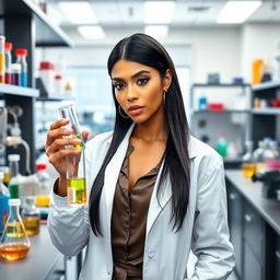 A female scientist with light brown skin, long black hair cut in a V shape, earrings adorning her ears