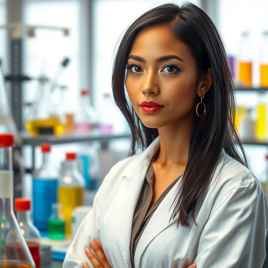 A female scientist with light brown skin, long black hair cut in a V shape, earrings adorning her ears