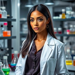 A female scientist with light brown skin, long black hair cut in a V shape, wearing earrings in her ears