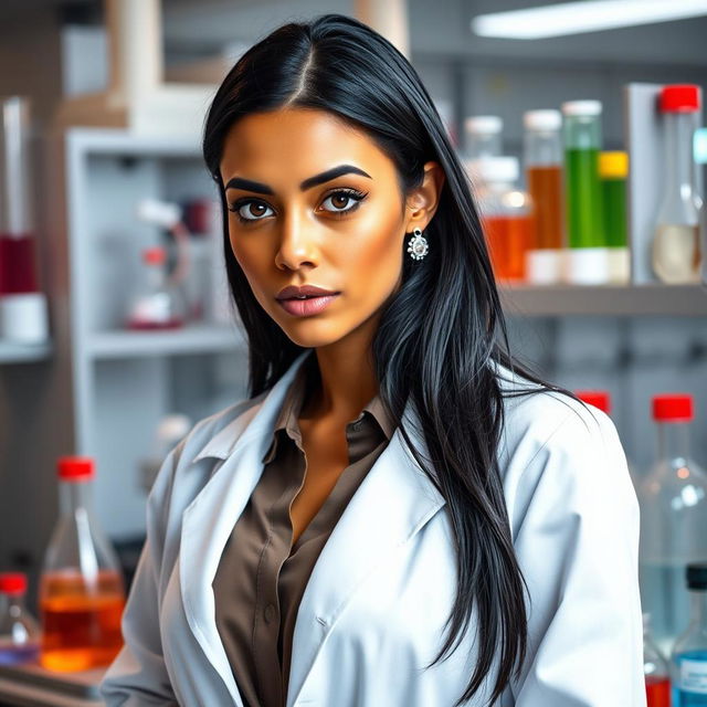 A female scientist with light brown skin, long black hair cut in a V shape, wearing earrings in her ears