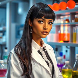 A female scientist with light brown skin, long black hair cut in a V shape, wearing earrings in her ears