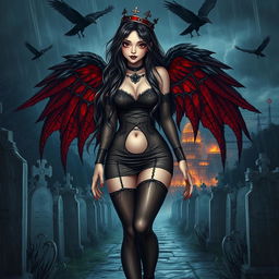 A captivating, beautiful girl with very long black, red, and silver hair, featuring a sweet, soft face highlighted by dark gothic makeup, walks through a graveyard at night during a thunderstorm