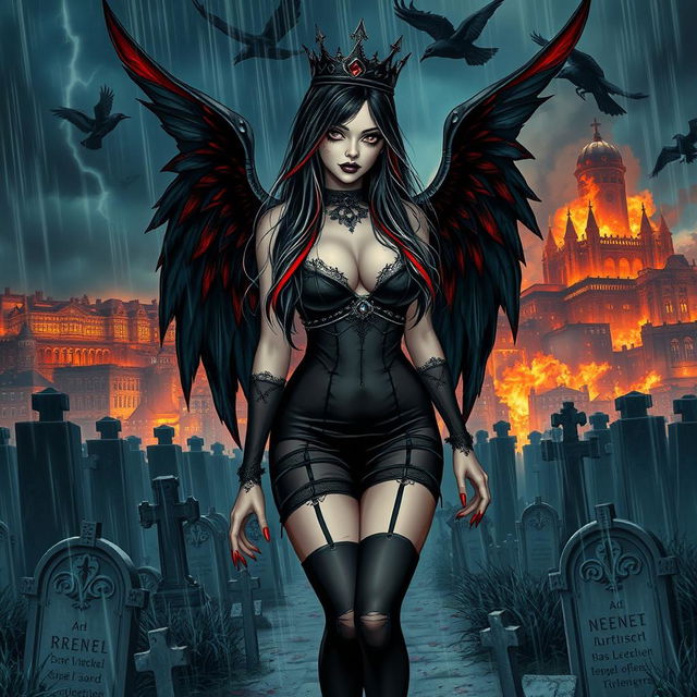 A captivating, beautiful girl with very long black, red, and silver hair, featuring a sweet, soft face highlighted by dark gothic makeup, walks through a graveyard at night during a thunderstorm