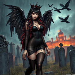A captivating, beautiful girl with very long black, red, and silver hair, featuring a sweet, soft face highlighted by dark gothic makeup, walks through a graveyard at night during a thunderstorm