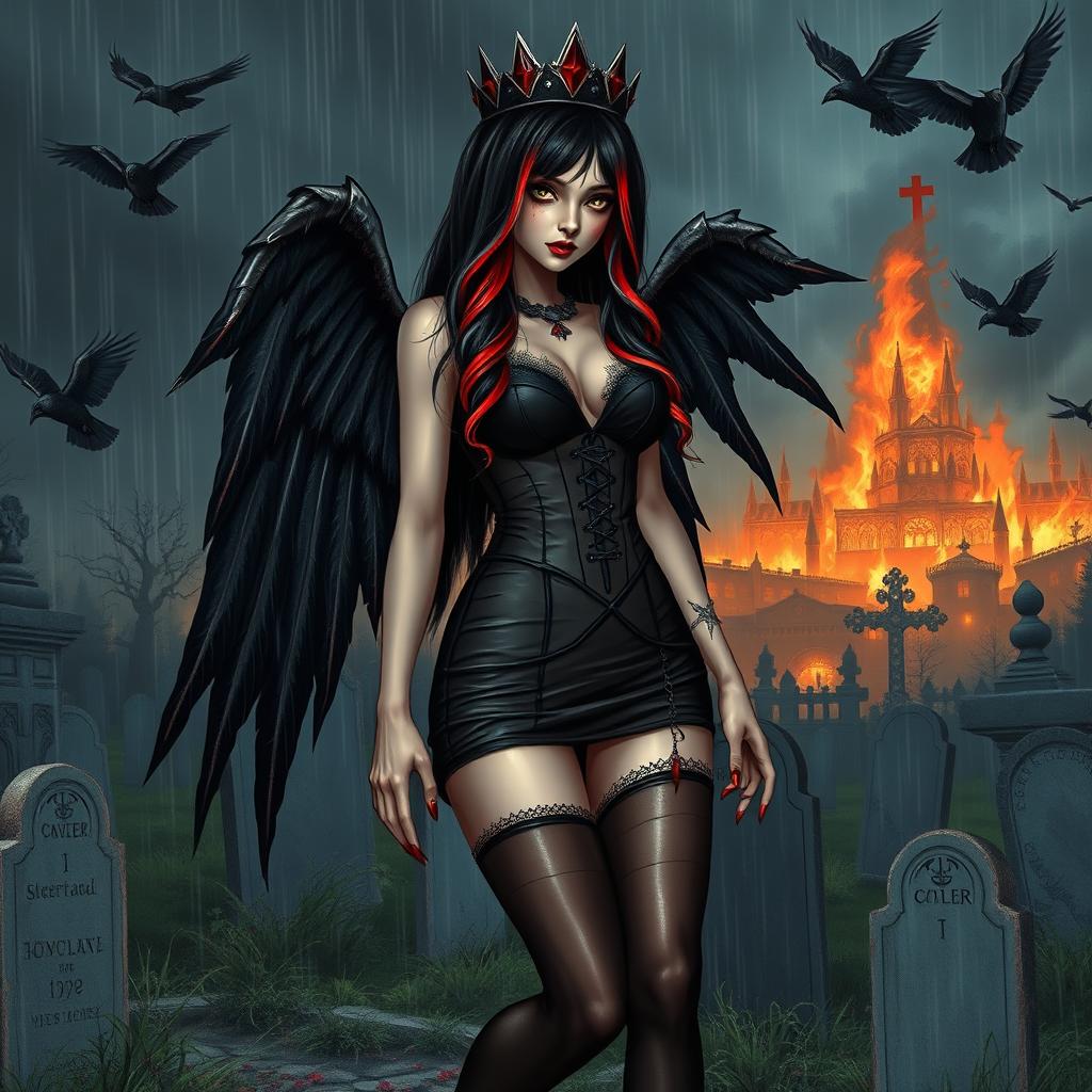 A captivating, beautiful girl with very long black, red, and silver hair, featuring a sweet, soft face highlighted by dark gothic makeup, walks through a graveyard at night during a thunderstorm