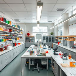 A scientific laboratory bustling with activity, featuring rows of shelves stacked with colorful chemical bottles, glass beakers, and laboratory equipment
