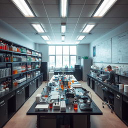 A scientific laboratory bustling with activity, featuring rows of shelves stacked with colorful chemical bottles, glass beakers, and laboratory equipment