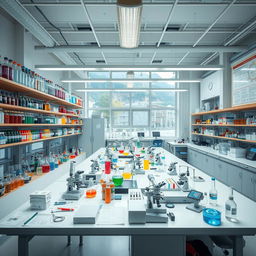 A scientific laboratory bustling with activity, featuring rows of shelves stacked with colorful chemical bottles, glass beakers, and laboratory equipment