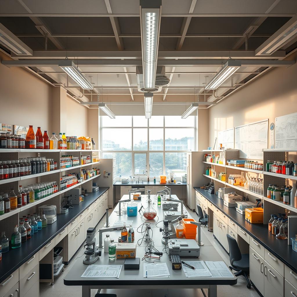 A scientific laboratory bustling with activity, featuring rows of shelves stacked with colorful chemical bottles, glass beakers, and laboratory equipment