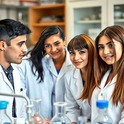 A vibrant group of four friends in a laboratory setting