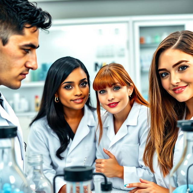 A vibrant group of four friends in a laboratory setting