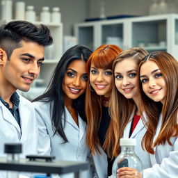 A vibrant group of four friends in a laboratory setting