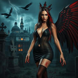 An alluring young woman with very long black, red, and silver hair, featuring a sweet, soft face adorned with dark gothic makeup, walks through a graveyard at night during a thunderstorm