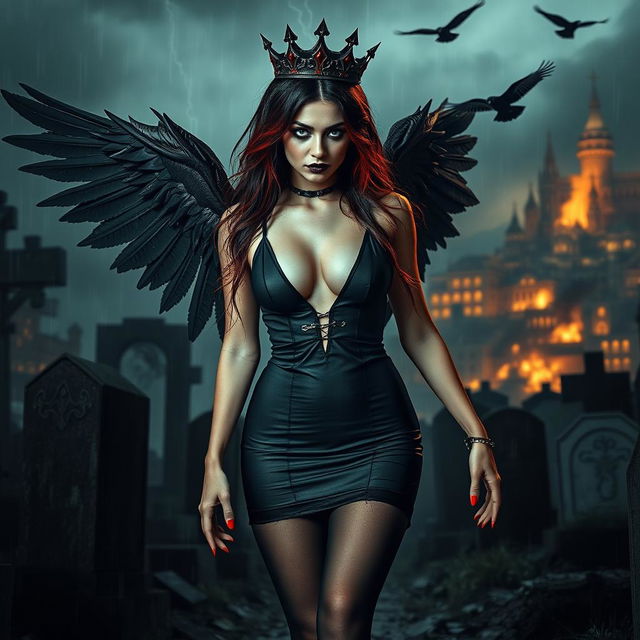 An alluring young woman with very long black, red, and silver hair, featuring a sweet, soft face adorned with dark gothic makeup, walks through a graveyard at night during a thunderstorm