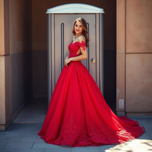 A stunning woman in a vibrant red wedding dress, elegantly designed with intricate lace and flowing fabric, standing gracefully outside a public toilet